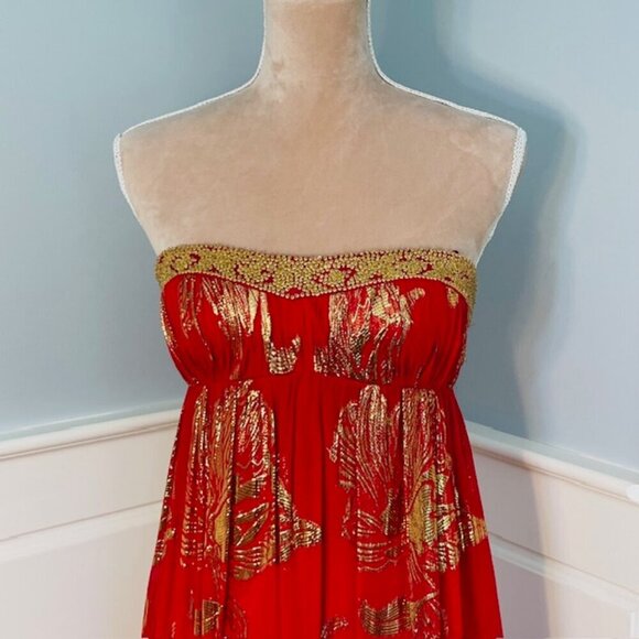 Aidan Mattox Beaded Silk Strapless Ball Gown Red & Gold Prom Party 4 - Picture 3 of 10